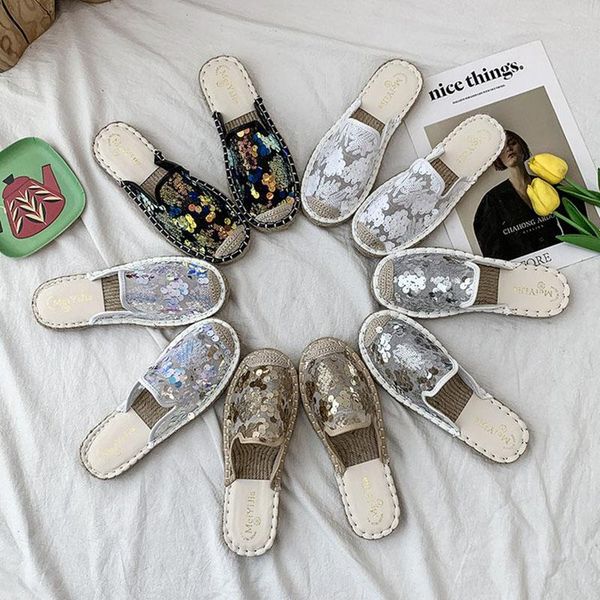 

women slippers flat indoor hollow out pattern retro style fashion spring autumn sequins tip binding mules, Black