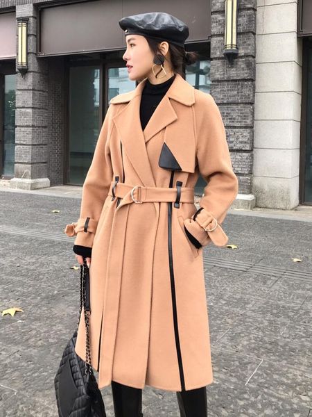 

women's wool & blends high end double-sided cashmere coat winter 2021 korean medium and long suit collar, Black