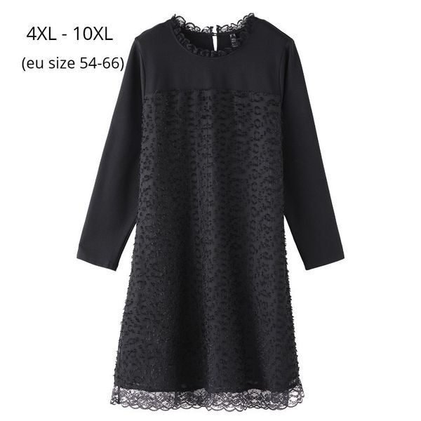 

dresses plus size 10xl 8xl 6xl 4xl women long sleeve o neck spring dress female lace patchwork slim office lady work wearing dresses, Black;gray