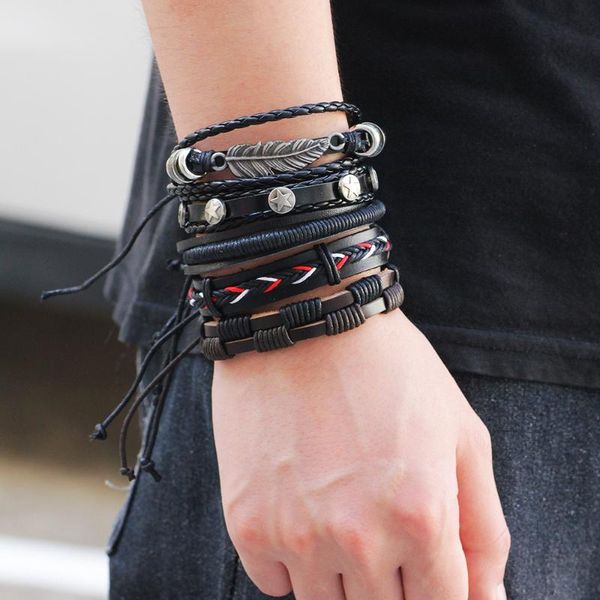 

bangle woven leather leaf star combination set hand items birthday present bracelet for men boy, Black