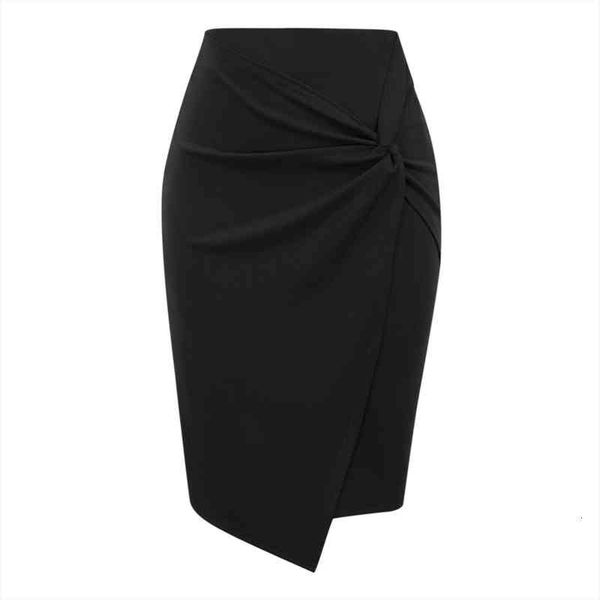 

solid color twisted pencil women skirt summer high waist style stretch wrap ladies office work midi skirts jupe femme, Black