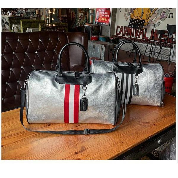 

duffel bags 2021 women bright patent leather stripe shoulder travel bag silver pu tourism handbag indepent shoe position
