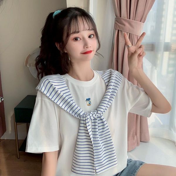 

women's t-shirt 2021 summer cotton short-sleeved female navy collar stripes college wind cute and playful, White