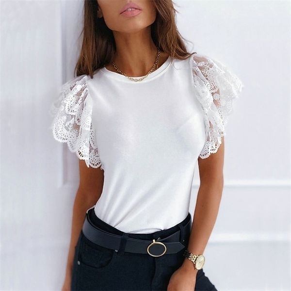 

summer lace patchwork slim t-shirt women ruffles short sleeve tees elegant casual solid ladies o neck white black 210729