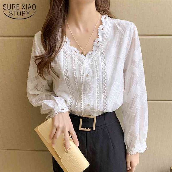 

v-neck white vintage woman shirt autumn fashion women blouses long sleeve loose lace shirts office lady blusa 10982 210421