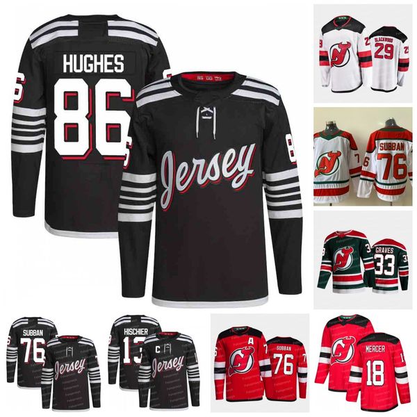 

86 jack hughes new jersey devils 2021-22 alternate jersey dawson mercer dougie hamilton mackenzie blackwood nico hischier p.k. subban ryan g, Black