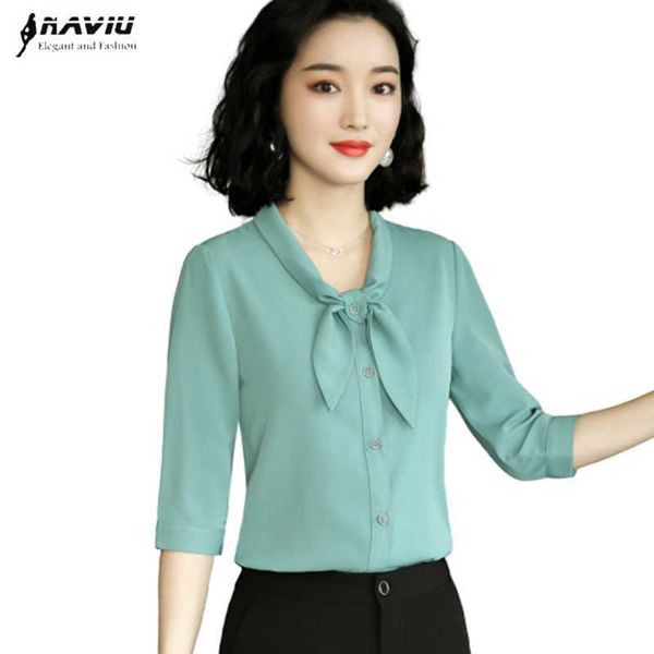 NAVIU Chiffon Hemd Frauen Sommer Bogen Mode Halbe Hülse Casual Blusen Büro Damen Formale Arbeit Tops 210604