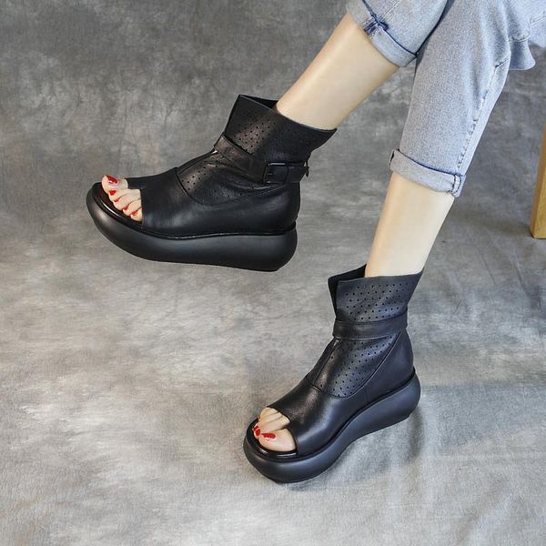 

boots leather sandals women's handmade shoes thick bottom hole cool muffin increase high summer clip t, Black