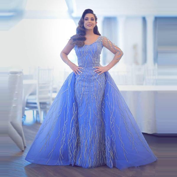 

blue muslim mermaid evening dresses with detachable train v neck lace appliques beading long sleeve dubai arabic prom dress plus size women, Black