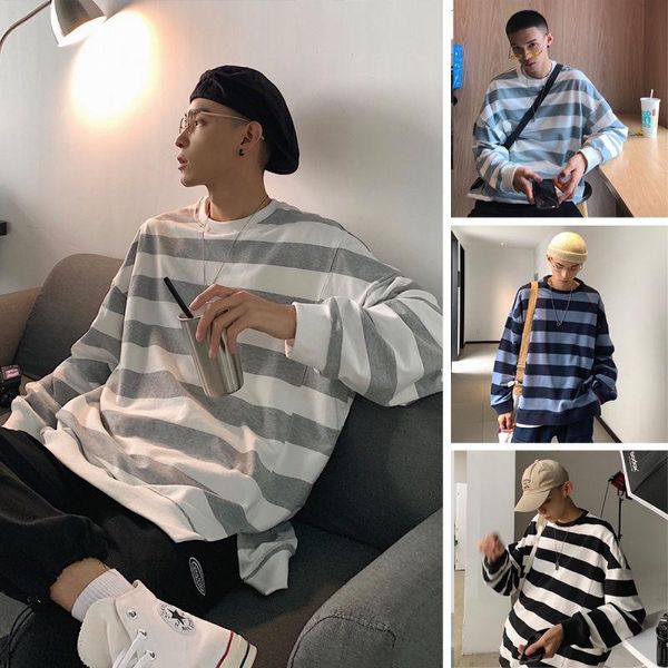 

men's t-shirts oversized t shirt for men striped long sleeve o neck korean fashion harajuku hip streetwear couple clothing cotton unise, White;black