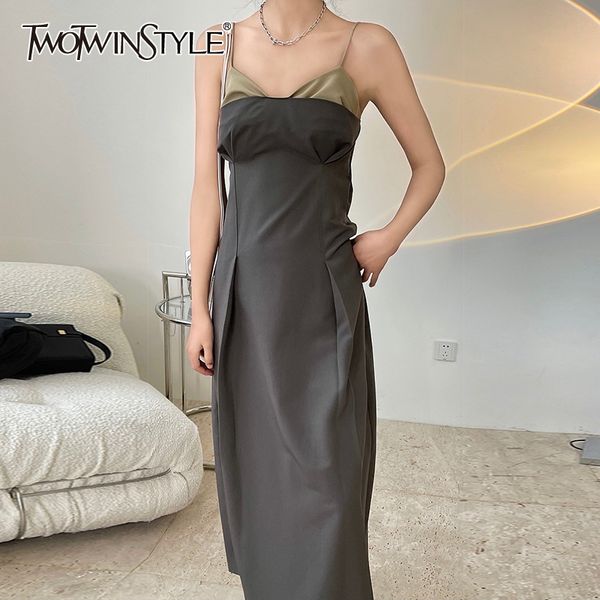 

patchwork hit color sling dress for women v neck sleeveless high waist slim dresses female fashion new summer 210428, Black;gray