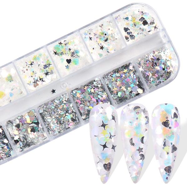 

nail glitter 12designs laser dazzling sequin flake summer mixed moon star slice colorful white nails art manicure spangle bejx05, Silver;gold