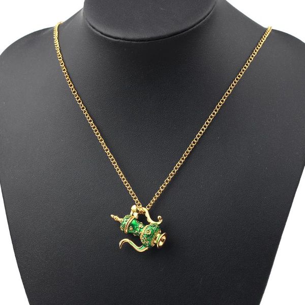 

pendant necklaces wholesale hand painted green teapot long chain necklace enamel glaze vintage choker jewelry bijoux femme bijuteria gift, Silver