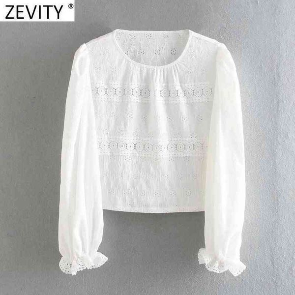 

zevity women fashion o neck lace crochet hollow out embroidery short smock blouse female ruffles shirts chic blusas ls7523 210419, White