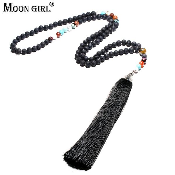 

pendant necklaces fashion black lava stone long necklace with big moon girl vintage ethnic yoga tassel bohemian jewelry for women, Silver
