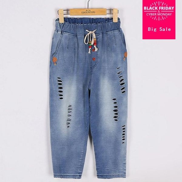 

2xl-7xl plus size fashion cotton jeans 2021 women wide leg ripped hole loose calf-length denim bleached wj740 women's, Blue