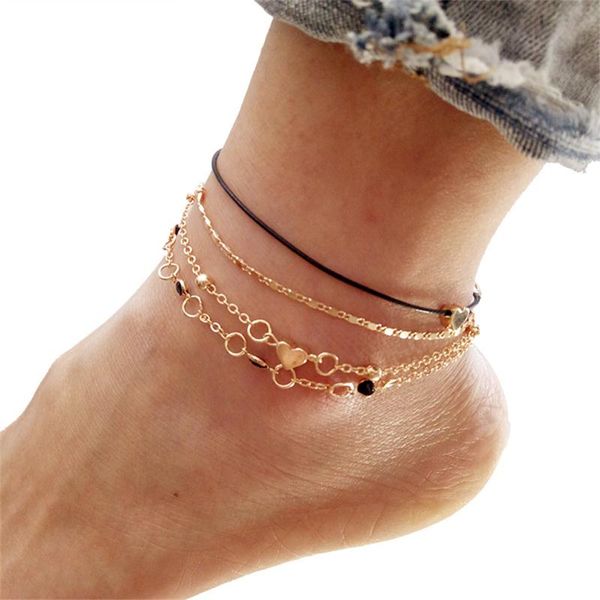 

anklets multilayers gold tone heart charm anklet for women girls bohemian beach ankle chain bracelet foot jewelry, Red;blue