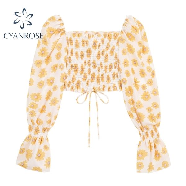 

daisy print elastic crop blouses women stylish flare long sleeve drawstring lace-up mori girl shirts ins slim korean 210515, White