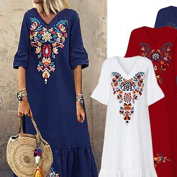 

summer long vintage v neck womens dresses short sleeve floral print hem loose plus size beach vestidos, Black;gray