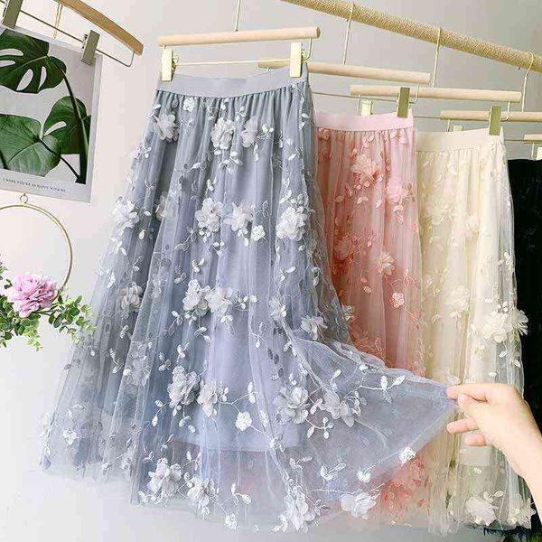 Женщина-юбки 2021 Корейский стиль моды эластичные талии аппликации вышивка цветочные сетки юбка длинные марлевые шариковые юбка G220309