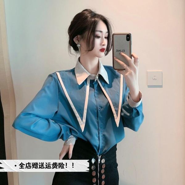 

women's blouses & shirts contrast color pointed collar shirt style design sense retro easy matching undershirt fashion blouse women, White