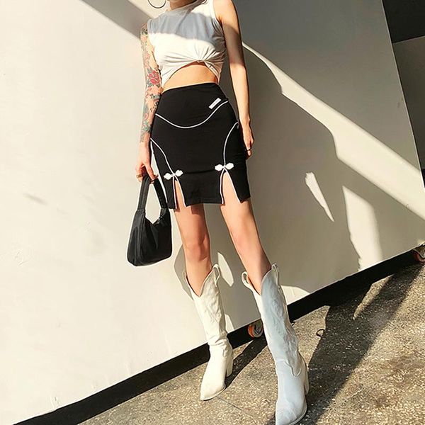 

solid color high waist hip split skirt women's street stripes skirts, Black