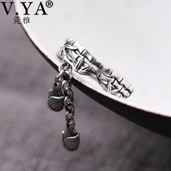 

v.ya real 925 sterling silver vintage bamboo shoots tassel open ring double design women's rings fine fashion punk jewelry cluster, Golden;silver