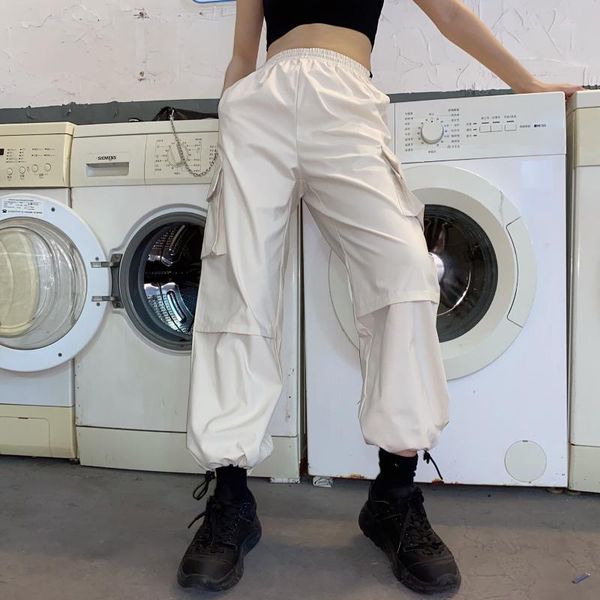 

women 2021 autumn white casual high waist wide leg pants fashion loose cargo capris ins trousers hipster solid pockets women's &, Black;white