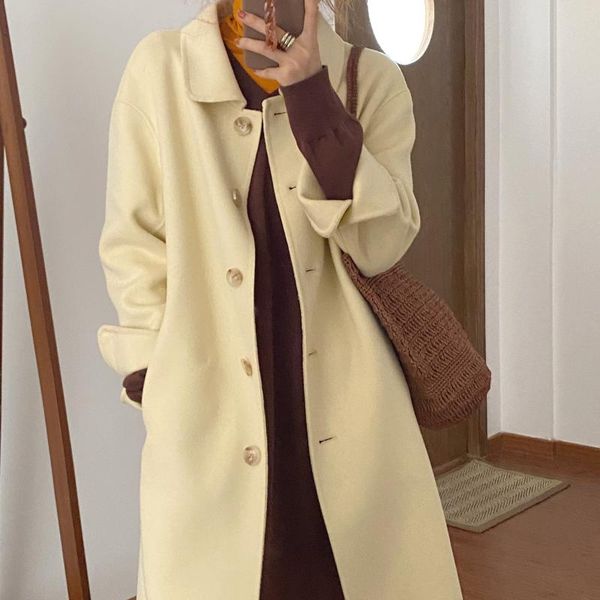 

women's wool & blends vintage lapel minimalist woolen coat oversize outwear winter ol elegant women faux coats fashion solid long, Black