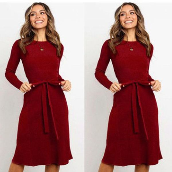 

european and american fashion autumn winter solid color elastic belt slim dress women casual dresses, Black;gray