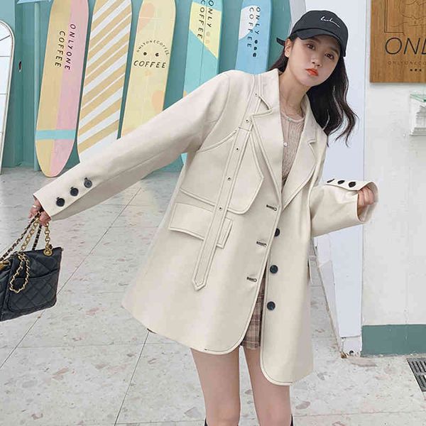 

women's suits & blazers [ewq] office blazer women autumn notched large size single breasted spliced bandage long sleeve suit coat c3470, White;black