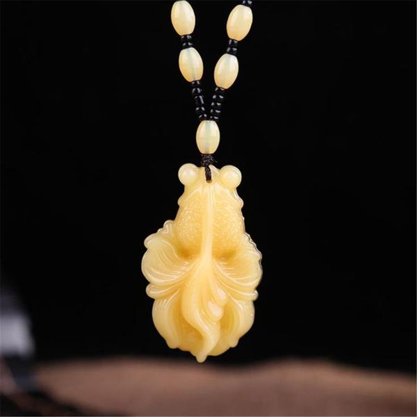 

chinese luck feng shui carved yellow jade goldfish lotus flower pendant necklace decorative objects & figurines