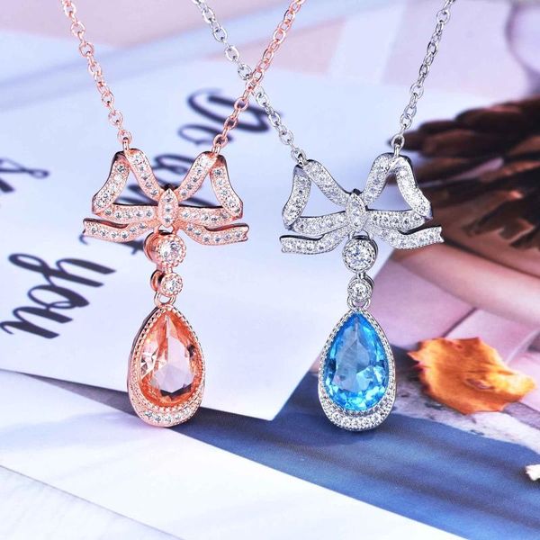 

chains independent design silver inlaid drop-shaped necklace pendant bow sweet romantic cute lady birthday gift jewelry