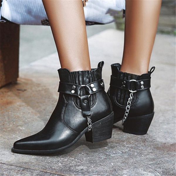 

boots pxelena large size 34-45 women gothic punk combat biker rivet metal chain chunky block heel western cowboy motorcycle shoe, Black