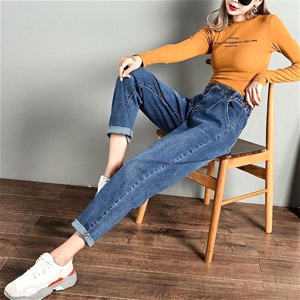 

women's jeans woman harem pants loose casual cotton mid waist wide leg ankle length spring autumn denim plus size, Blue