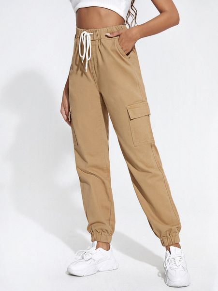 

drawstring waist flap pocket cargo jeans a8zf#, Blue