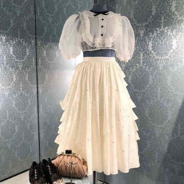 

blazers brand designer runway 2021 spring solid white ruffles ball gown cake skirt women high waist diamonds beaded long skirts, Black