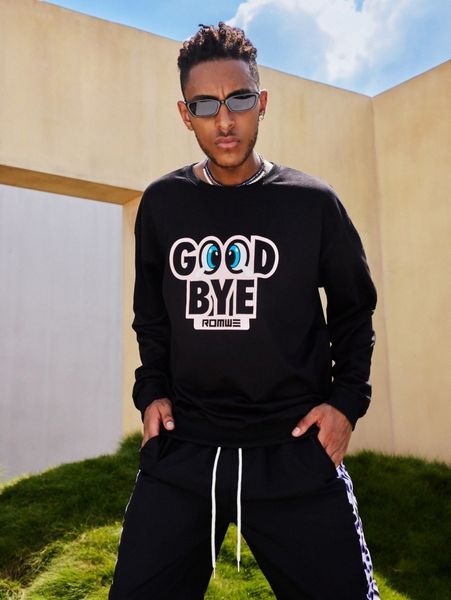 

romwe guys letter cartoon graphic sweatshirt h3qx#, Black