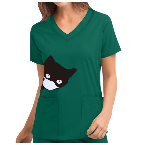 

women's t-shirt cat print uniform scrubs cute short sleeve v-neck work solid color pocket accessories, White