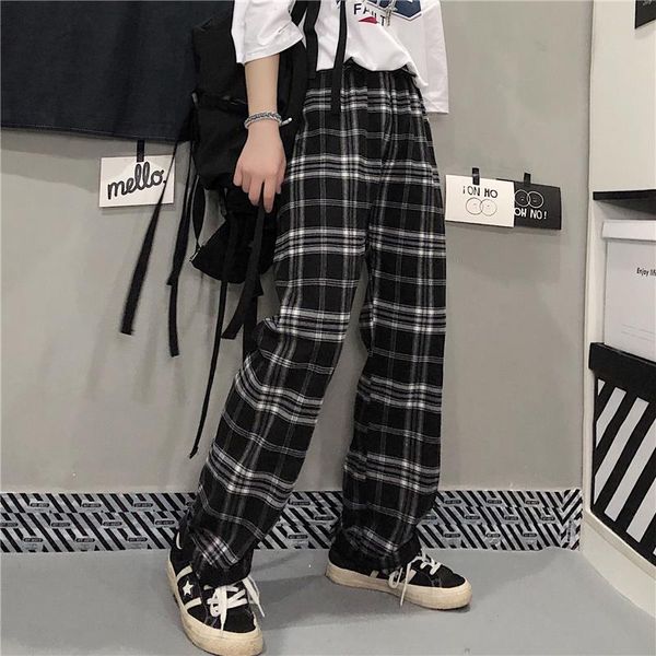 

summer harajuku loose casual womens capri fashion punk black plaid drawstring trousers vintage korea student dropshipping, Black;white