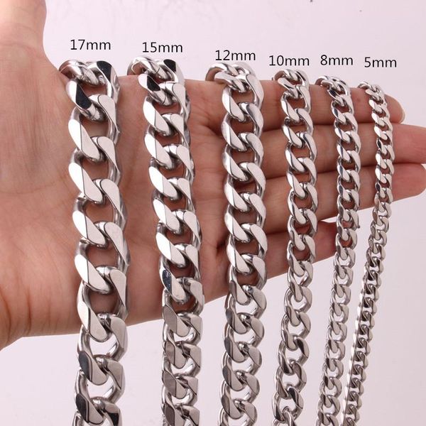 

chains granny chic women boys men's silver stainless steel curb cuban link chain necklace choker jewelry 5/8/10/12/15/17/19mm 7-40inch