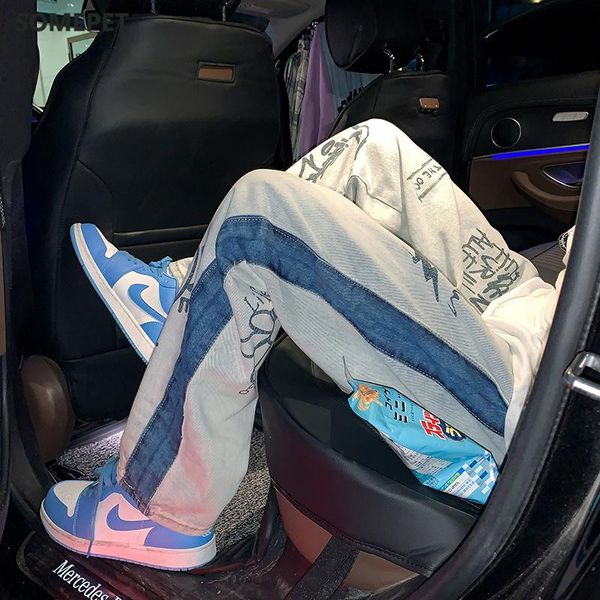 

men's jeans chic fashion korean version loose and fashionable floor long pants personalized printed straight, Blue