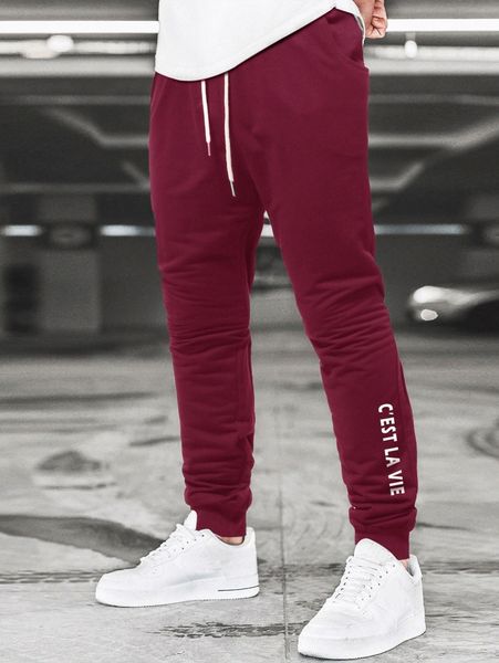 

men slogan graphic drawstring waist sweatpants h9si#, Black