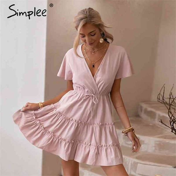 

simplee summer v-neck light pink dress casual solid high-waist lace-up ruffled women dress elegant office ladies short dress new 210331, Black;gray