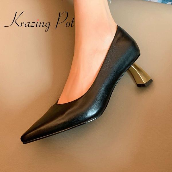 

krazing pot big size full grain leather pointed toe high heels simple style young lady mature elegant slip on women pumps l16 dress shoes, Black