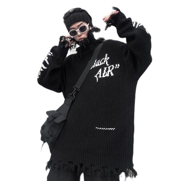 

men's sweaters ripped hole punk turtleneck sweater mens 2021 harajuku vintage pullover women embroidery hip hop goth knitted, White;black