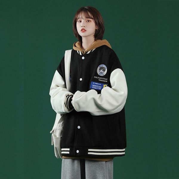 

women's jackets contrasting color stitching baseball uniform female couple students 2021 spring autumn retro jacket cotton coat tide 87, Black;brown