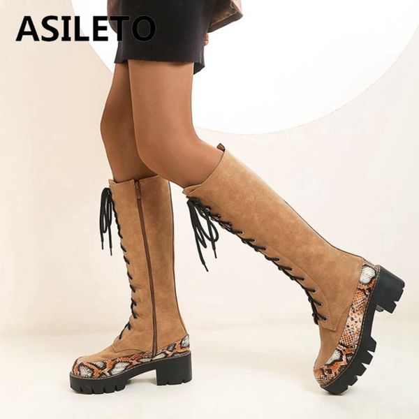 

boots asileto high knee-high pu heels for women fashion shoes square heel female booties zip cross tied, Black