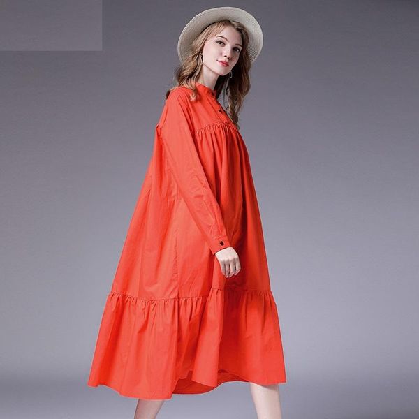 

casual dresses shirt dress autumn plus size women cotton black red green stand ruffles full sleeve loose party oversized l-5xl, Black;gray