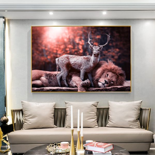 Moderne Tier Bild Wand Kunst Leinwand Malerei Lustige Hirsch Und Löwe Poster HD Druck Für Wohnzimmer Schlafzimmer Dekoration Cuadros